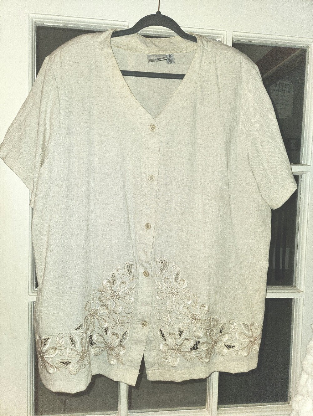 Fashion Bug 26/28 Linen Blend Embroidered Floral Blouse Oatmeal Plus Size